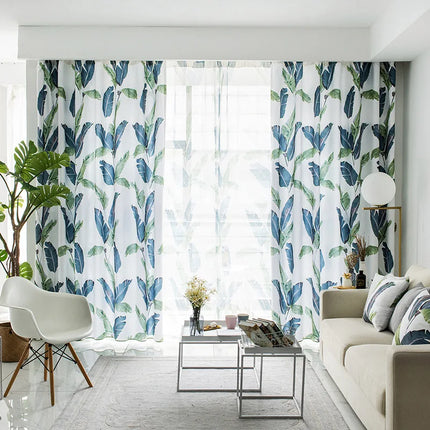 Rideau Leger Blanc Motifs Bleu Vert