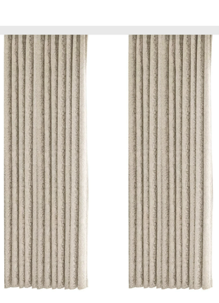 two beige curtains hanging side by side on a white background.