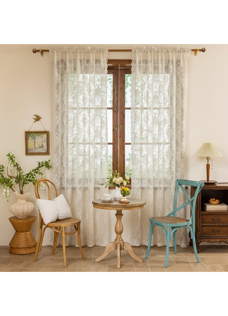 Luxuriöses, besticktes, transparentes Vintage-Wohnzimmer in Weiß